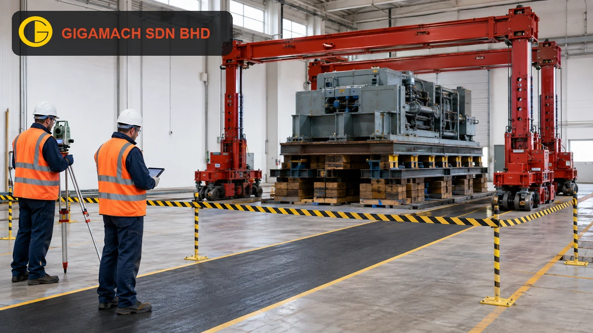 Industrial machine grounded on engineered supports beneath a modular hydraulic gantry, with PPE-equipped technicians behind a rigid barrier checking the clear level travel path for gantry lifting safety education.