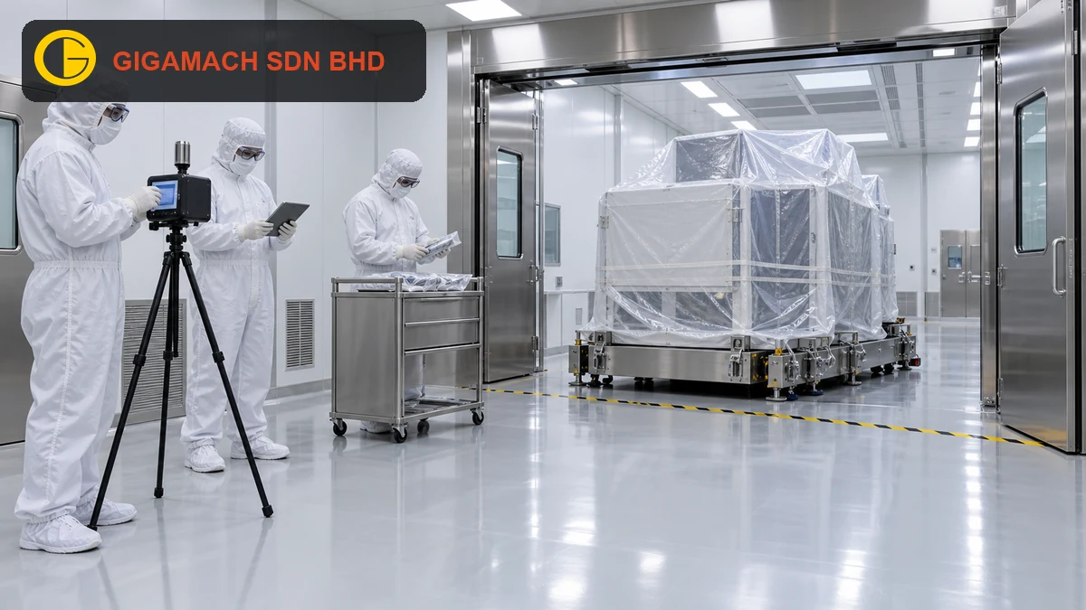 Wrapped precision machine on a clean stainless-steel transfer dolly, with fully gowned technicians, protected cleanroom surfaces, and a controlled exclusion route for cleanroom machinery transfer safety education.