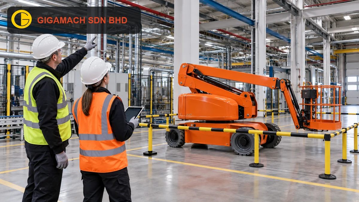 Grounded orange articulated boom lift inside a factory while two PPE-equipped technicians assess beams, pipework and clearances before positioning work.
