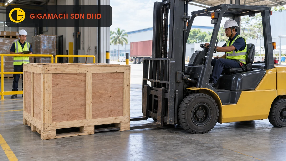 Unbranded counterbalanced forklift stopped at a grounded machinery crate with both forks aligned beneath the skid, a belted operator in the cab, and a PPE spotter behind a rigid barrier for fork-placement safety education.