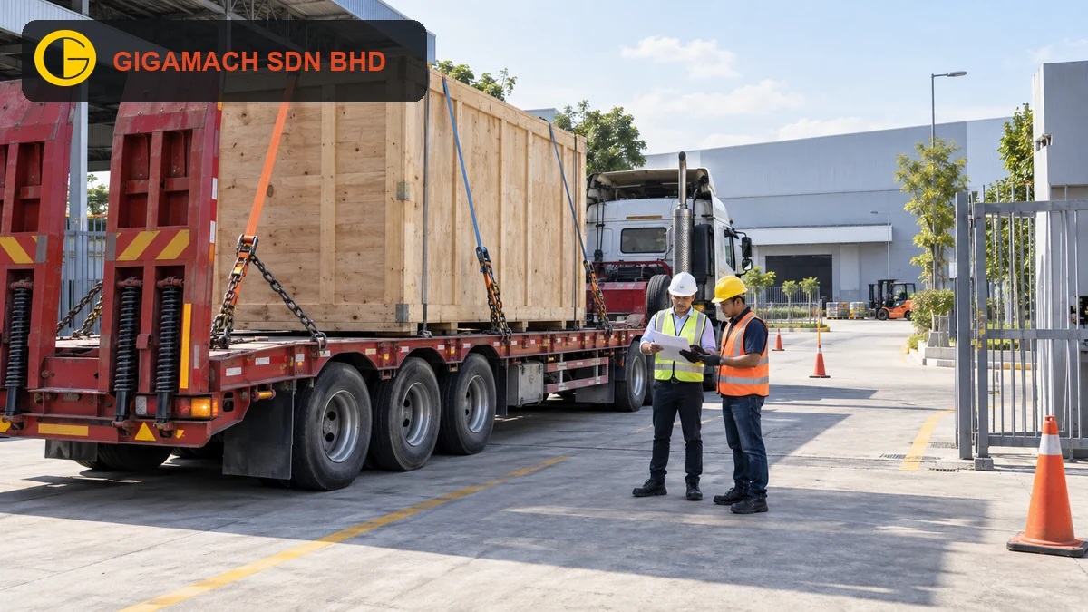 Heavy industrial machinery being safely prepared for transport with rated lifting equipment, secure packing, PPE, and controlled access.
