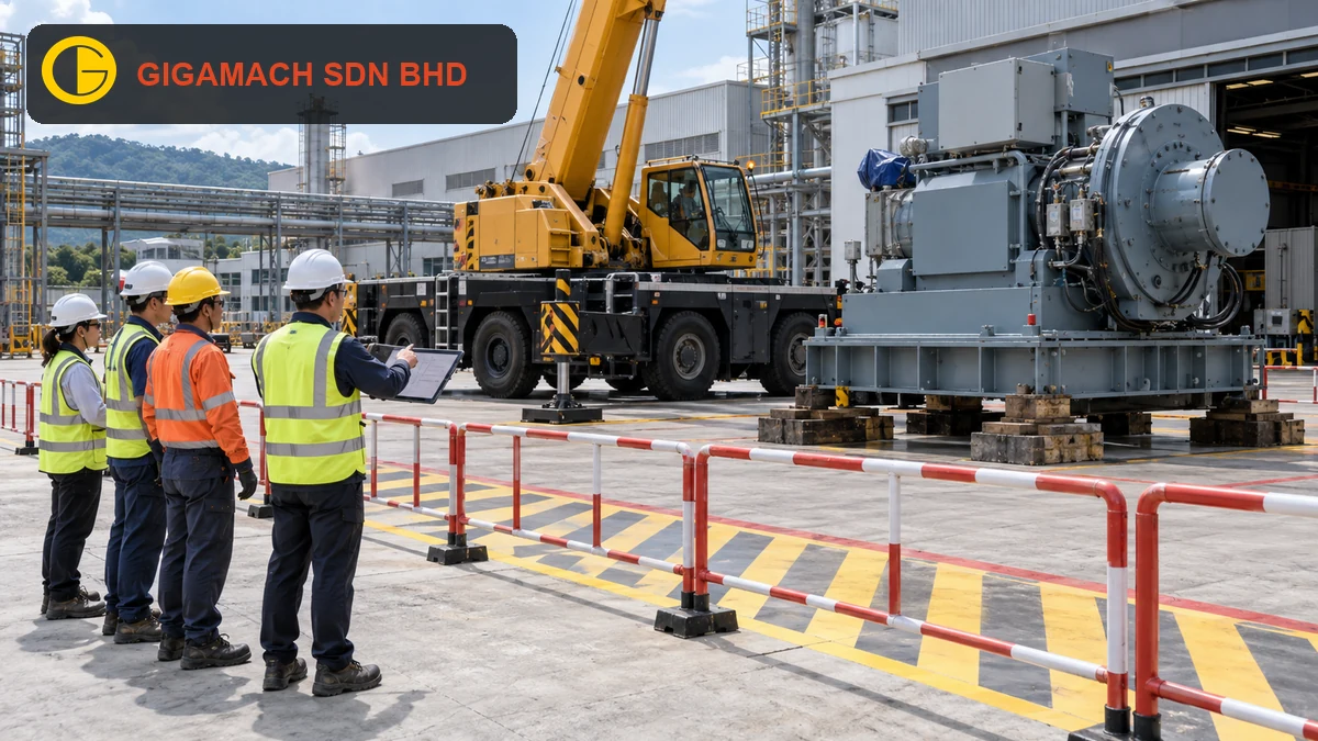 Industrial heavy lifting operation with rated rigging, stable support, PPE-equipped workers, and a controlled exclusion zone for safety education.