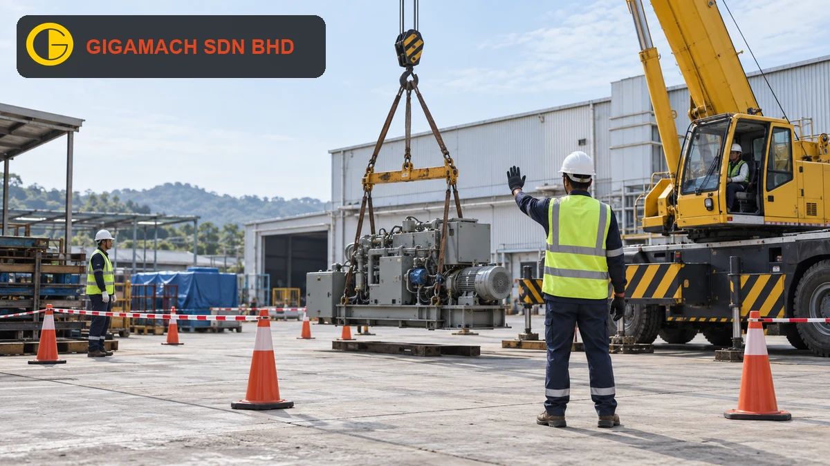 Mobile crane holding an industrial machine low inside a controlled exclusion zone while a PPE-equipped signalman gives a stop signal from a position visible to the operator.