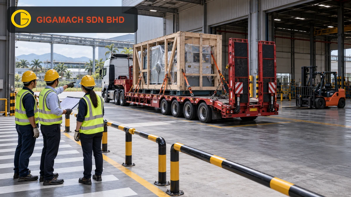 Crated industrial machine secured on a low-loader in a marked factory receiving area, with PPE-equipped personnel reviewing the access route from behind a pedestrian barrier for destination-planning education.