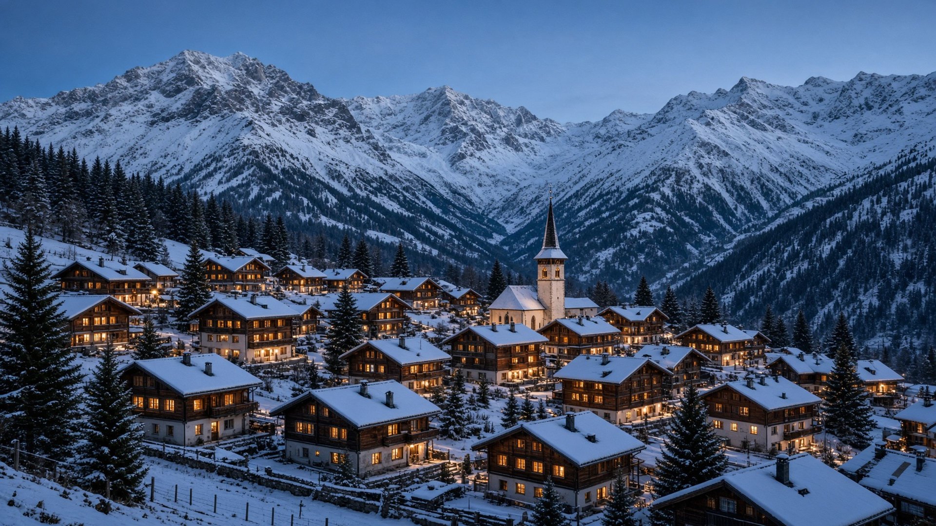 Warm lights in a snow-covered alpine village sheltered beneath a mountain range