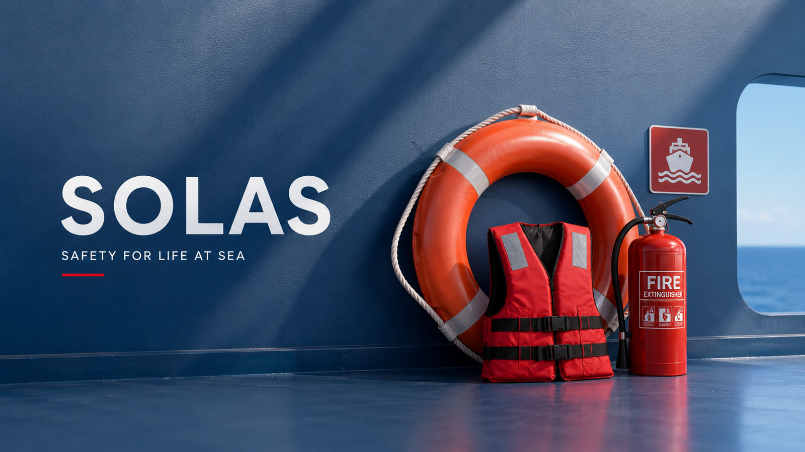 SOLAS safety equipment including a lifebuoy, lifejacket, and fire extinguisher representing the International Convention for the Safety of Life at Sea.