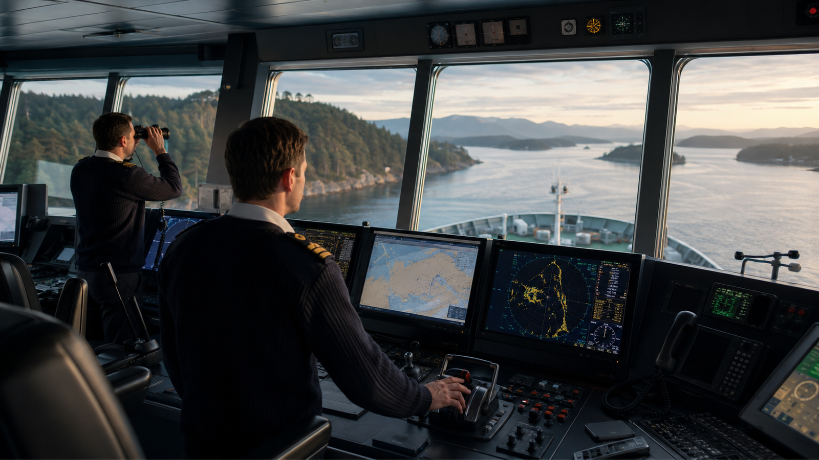 Two deck officers monitoring ECDIS, radar and the forward sea view on a modern merchant ship’s bridge.