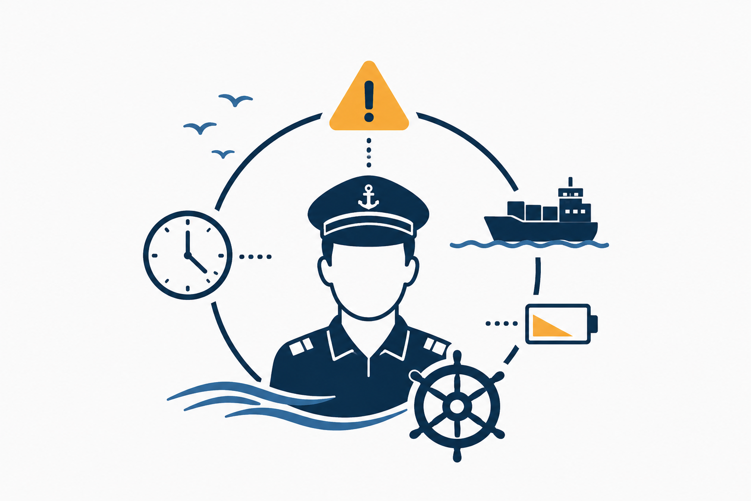 Seafarer fatigue concept illustration showing a ship officer surrounded by time, ship, low energy, and safety warning icons.