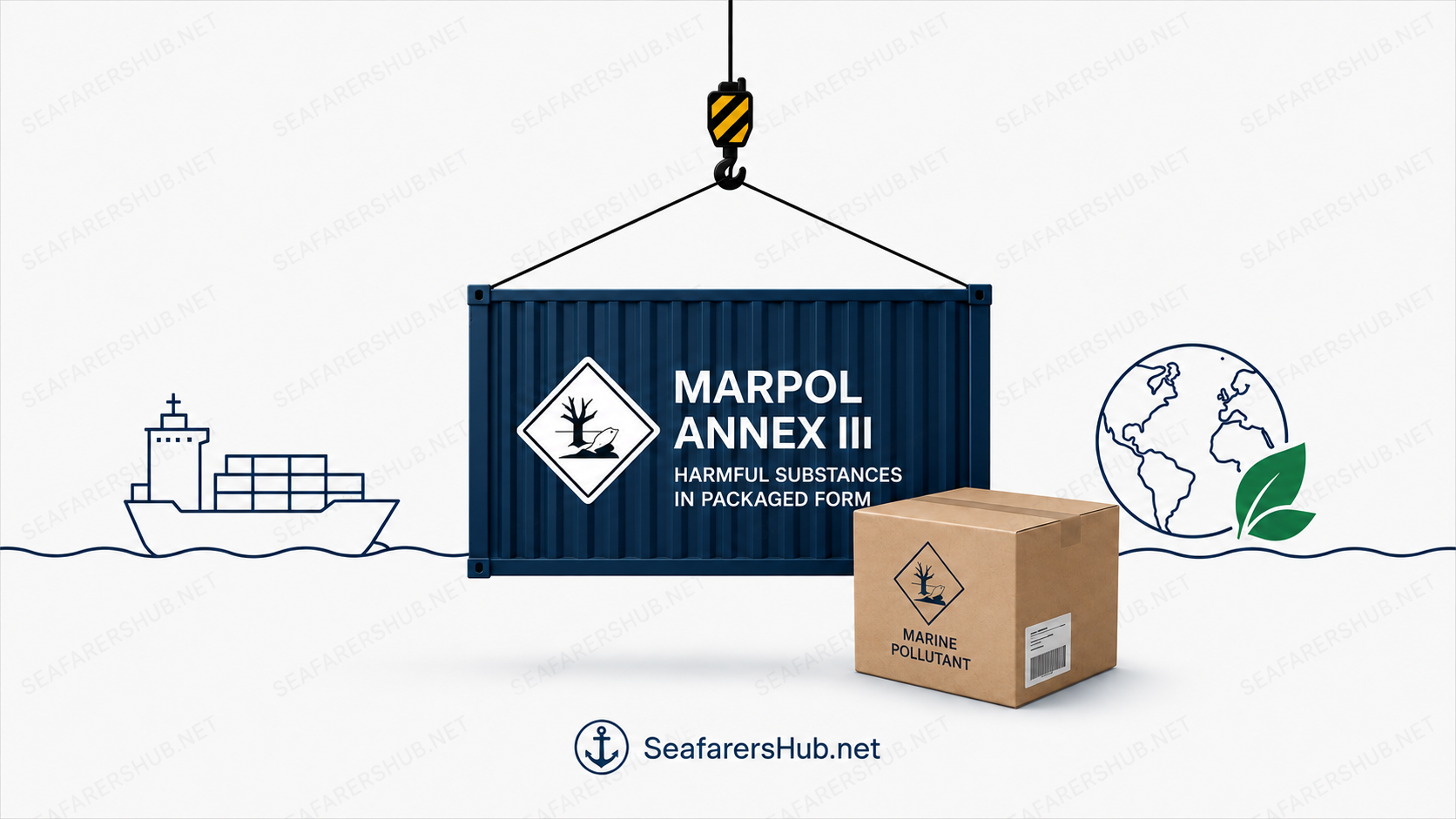MARPOL Annex III infographic showing a marine pollutant package, shipping container, cargo ship, and environmental protection symbols.