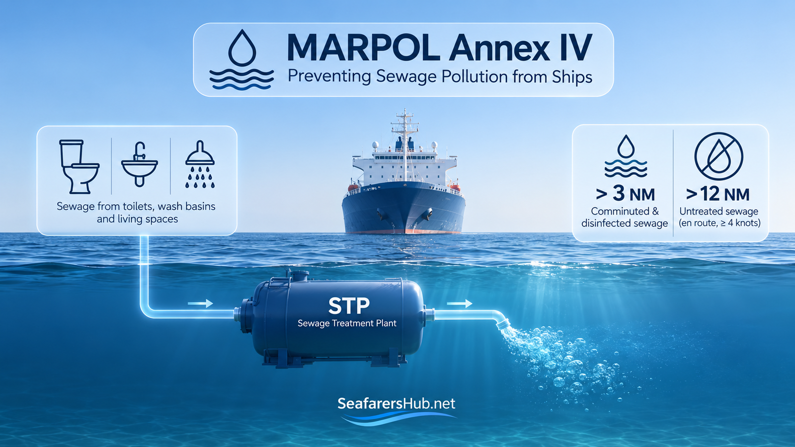 MARPOL Annex IV infographic showing a ship, sewage treatment plant, sewage sources, and the 3 NM and 12 NM discharge requirements.