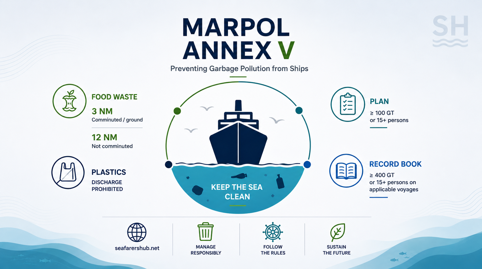 MARPOL Annex V infographic showing garbage discharge rules, food waste limits, plastic prohibition, Garbage Management Plan and Garbage Record Book requirements.