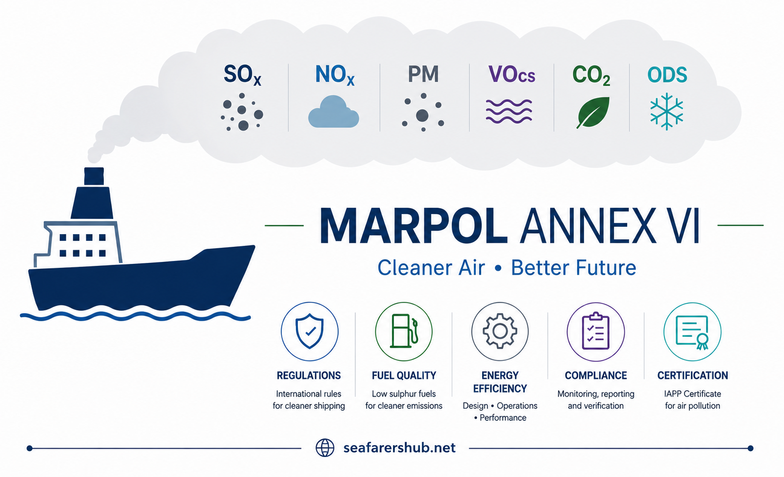 MARPOL Annex VI infographic showing ship exhaust emissions including SOx, NOx, particulate matter, VOCs, CO₂ and ODS.