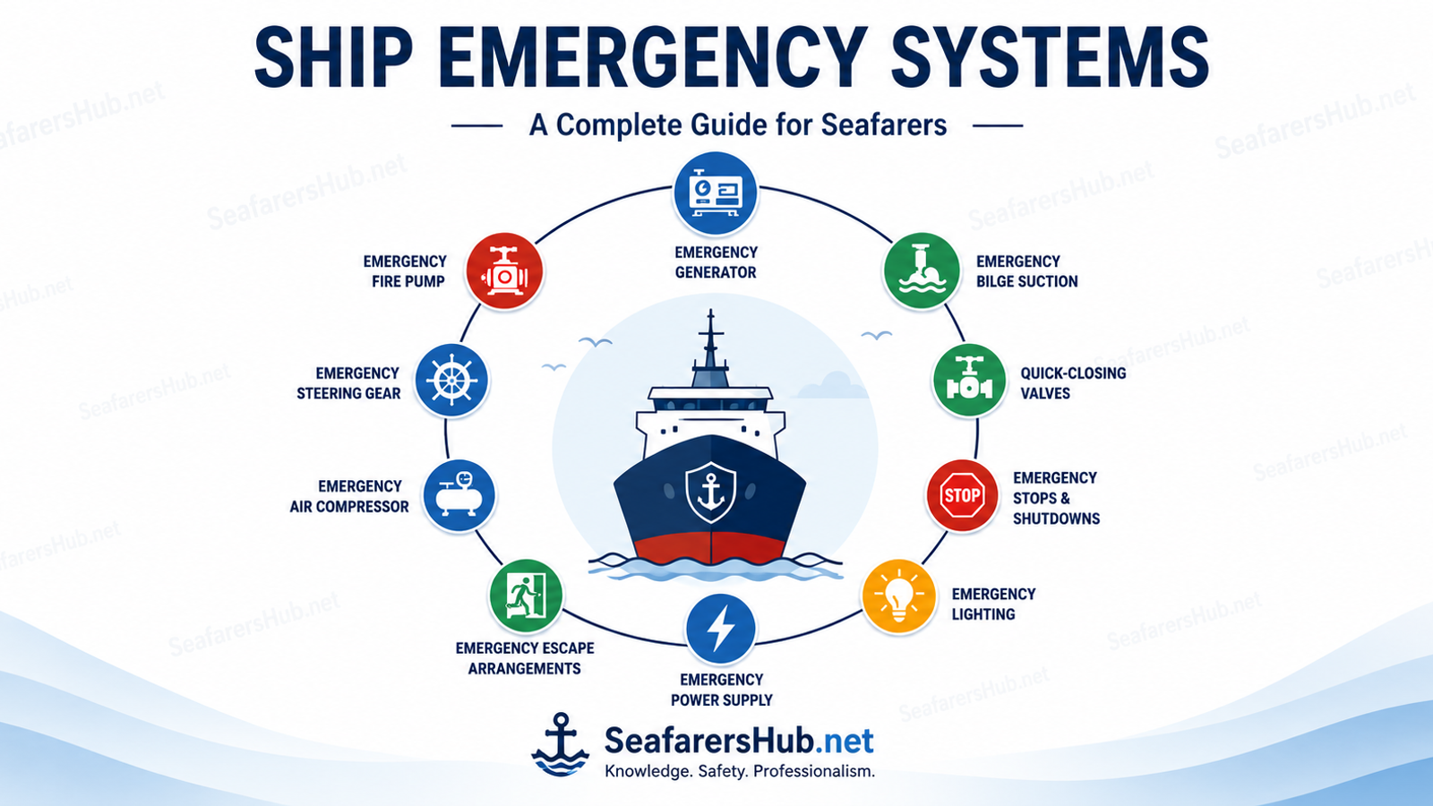 Ship emergency systems guide showing emergency generator, fire pump, steering, bilge suction, quick-closing valves, shutdowns, lighting, escape arrangements and emergency power.