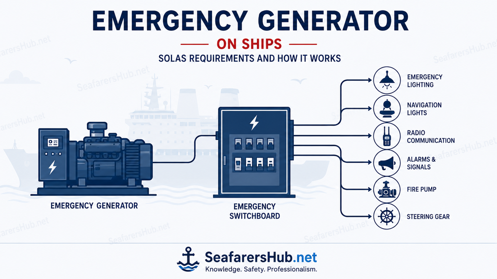 Emergency generator on ships showing the emergency switchboard, emergency air compressor, and essential services supplied during a blackout.