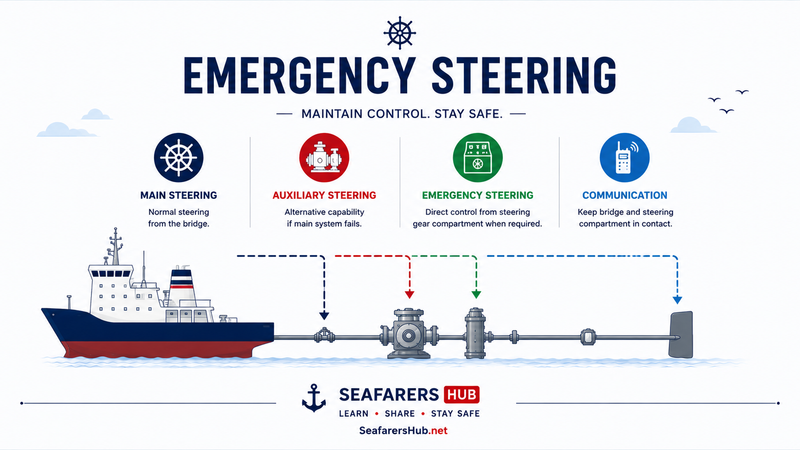 Emergency steering on ships showing main steering, auxiliary steering, emergency steering control and bridge communication arrangements.