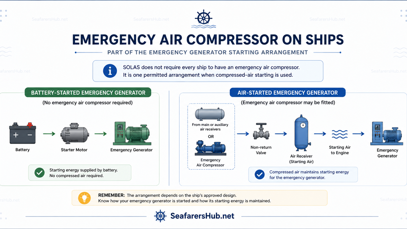 Emergency air compressor on ships showing battery-started and compressed-air-started emergency generator arrangements.