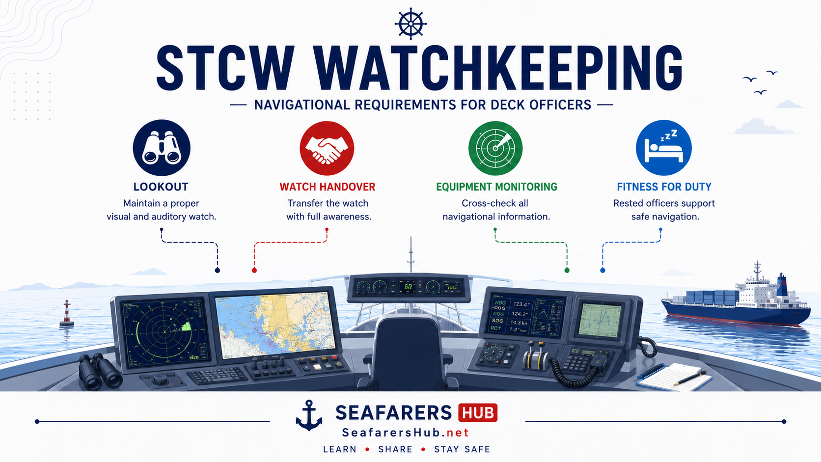 Infographic showing key STCW navigational watchkeeping requirements including lookout, watch handover, equipment monitoring and fitness for duty.