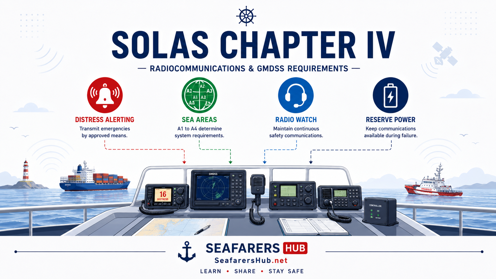 Infographic explaining SOLAS Chapter IV requirements for GMDSS distress alerting, sea areas, continuous radio watch and reserve power.