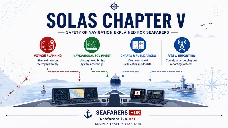Infographic illustrating SOLAS Chapter V requirements for voyage planning, navigational equipment, nautical charts and publications, VTS and ship reporting.