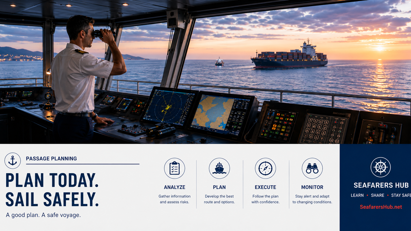 Deck officer preparing a voyage plan on a merchant ship bridge using charts and navigation equipment during a coastal passage.