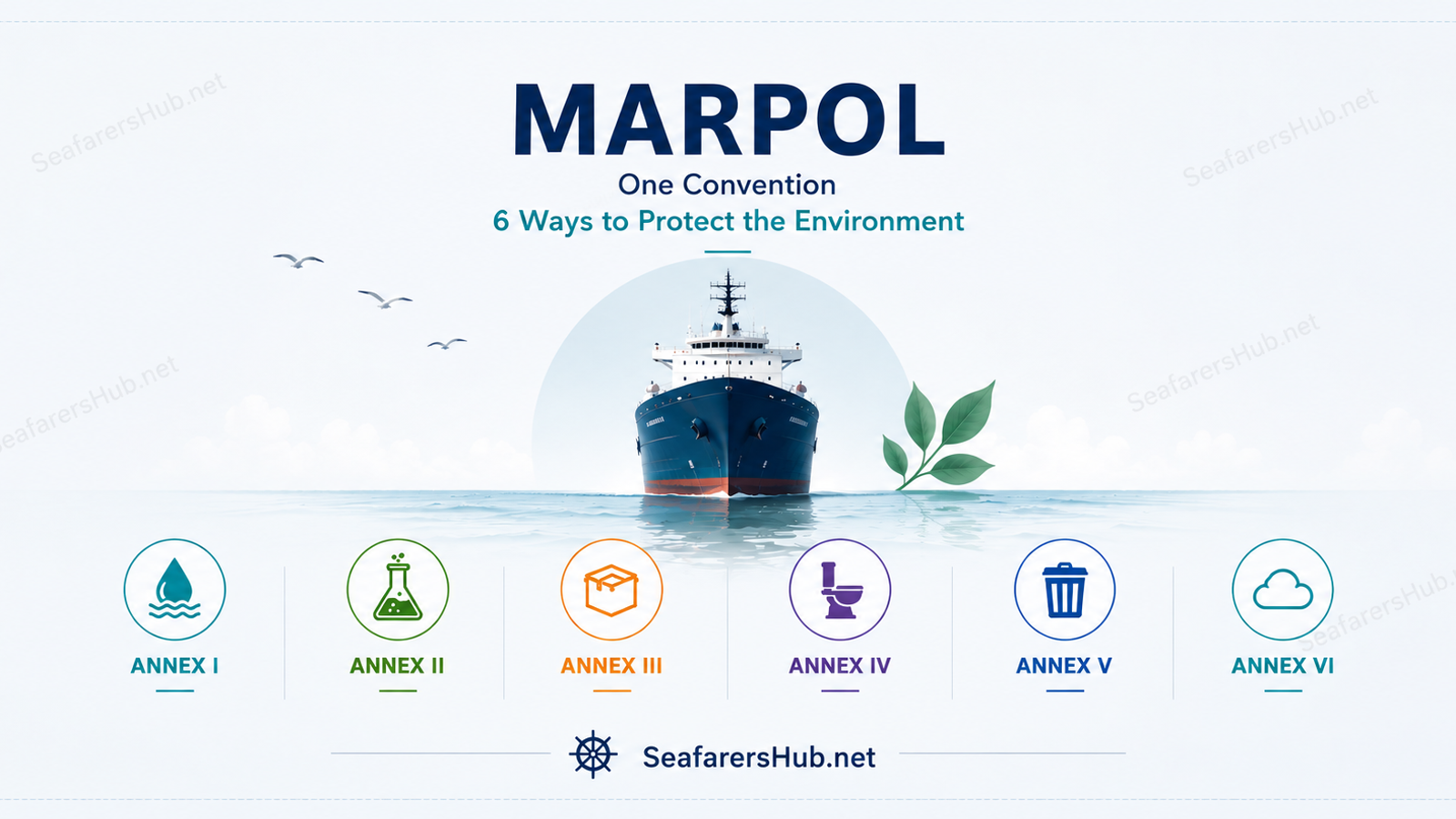 MARPOL six Annexes covering oil, chemicals, packaged harmful substances, sewage, garbage, and air pollution from ships.