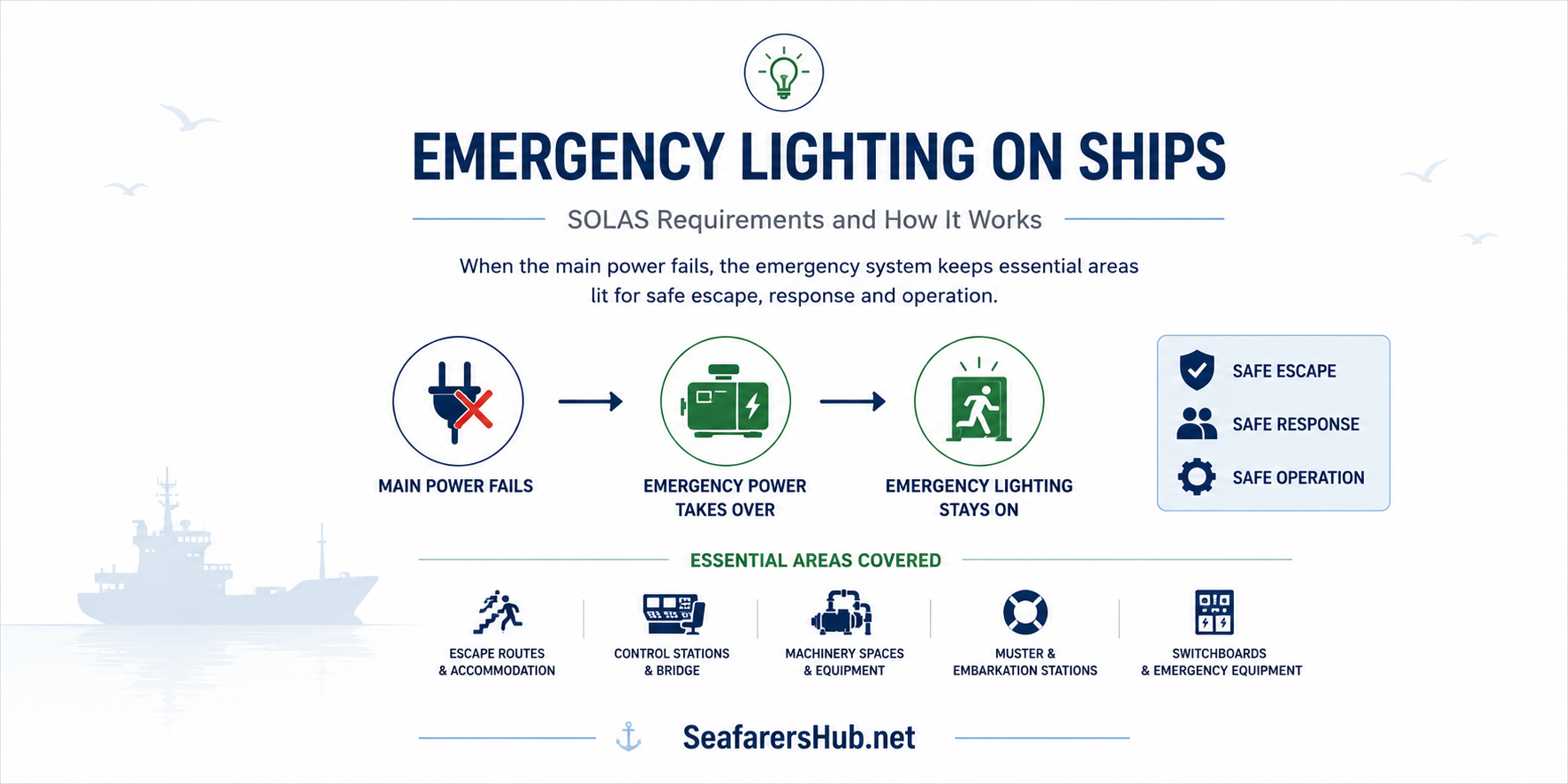 Emergency lighting on ships showing main power failure, emergency power takeover, and essential areas illuminated for safe escape and emergency response.