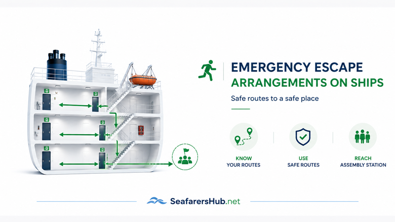 Emergency escape arrangements on ships showing marked escape routes, stairways, emergency exits, and access to the assembly station.