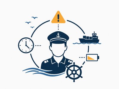 Illustration of seafarer fatigue showing reduced alertness, long working hours, and safety risks at sea, represented by a clock, warning sign, and low battery.