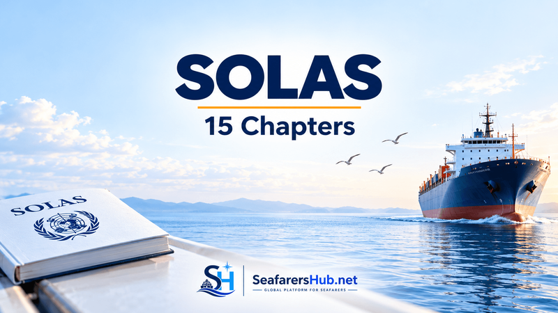 SOLAS Convention 15 Chapters illustrated with a cargo ship at sea, the SOLAS book, and SeafarersHub branding, highlighting international maritime safety regulations.