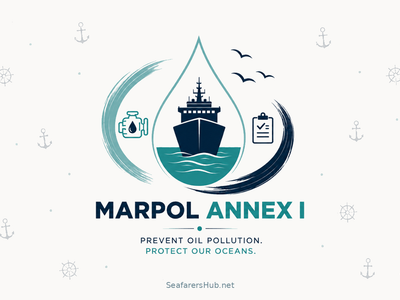 MARPOL Annex I – Prevention of oil pollution from ships, featuring a vessel, oil pollution prevention equipment, and maritime compliance symbols.