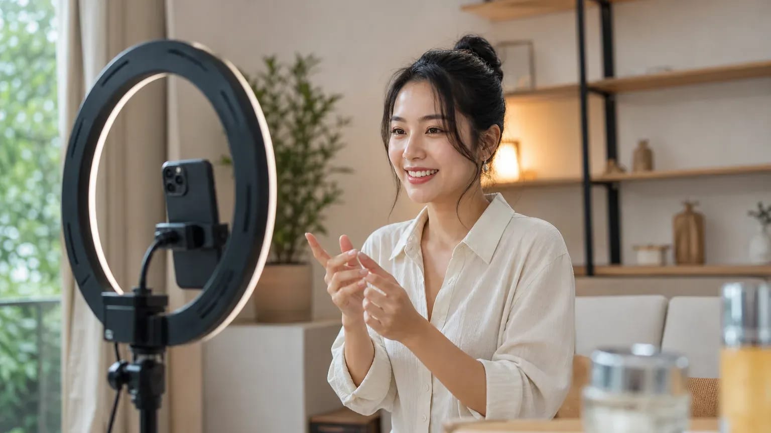 Người sáng tạo nội dung quay video bằng điện thoại trên tripod với đèn vòng