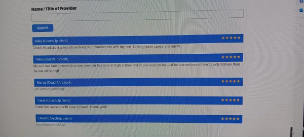 A screen shot of my reviews from Coach up