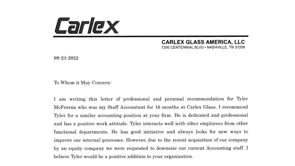 Accounting Letter of Recommendation