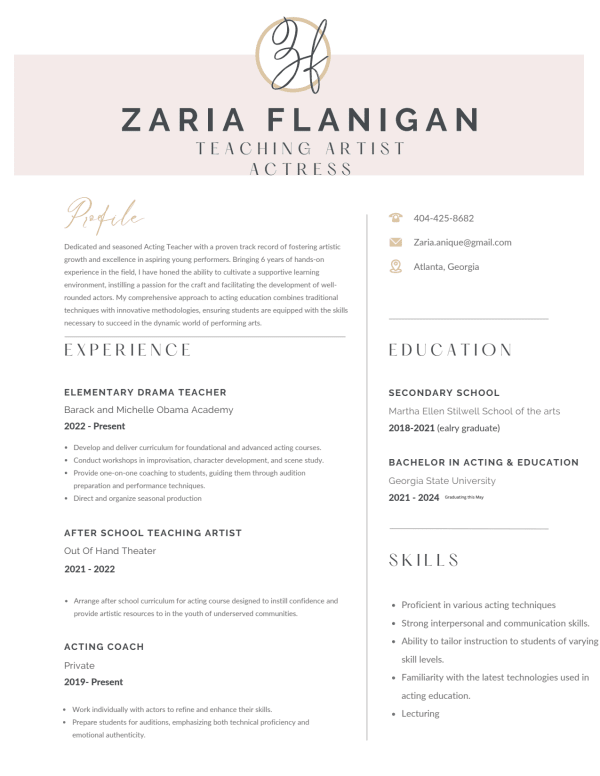 teaching artist resume 