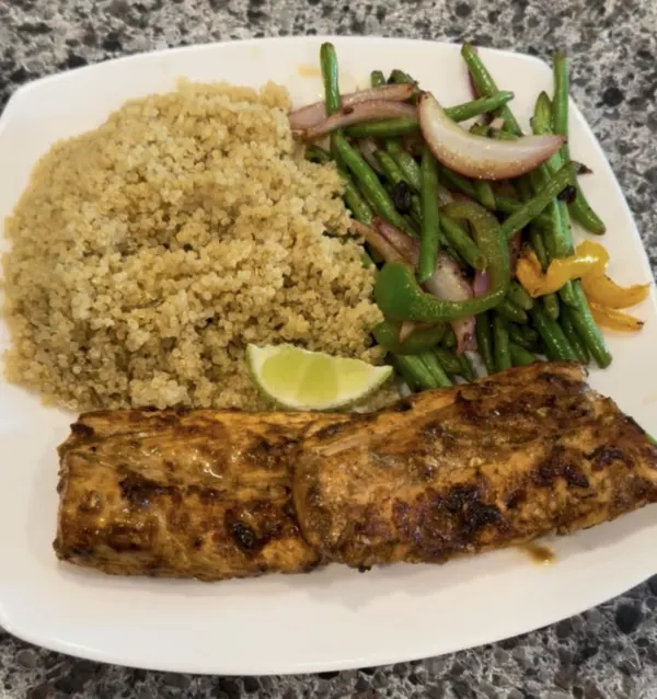 Quinoa, blackened cod, green beans