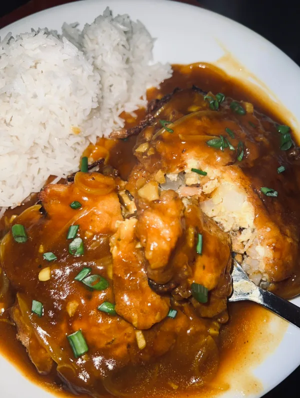egg foo young with white rice