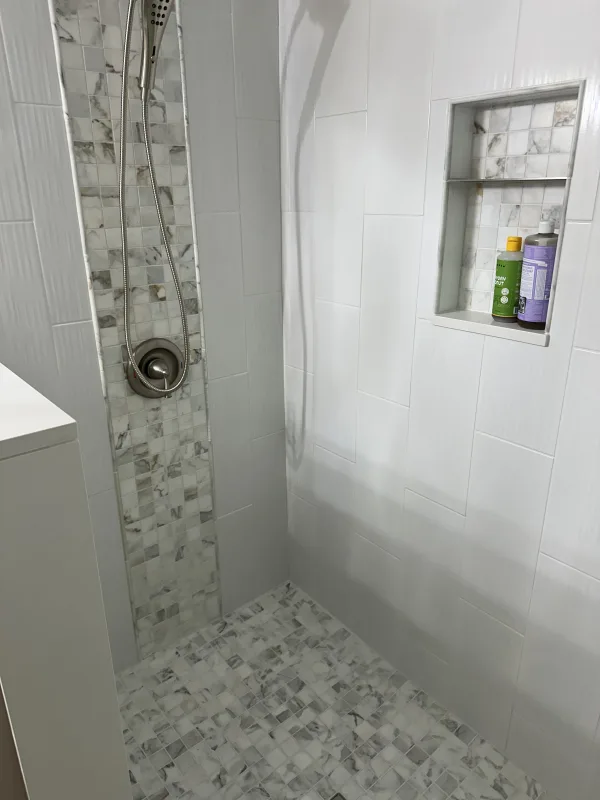 Shower Tile Install with Waterfall Accent and Niche