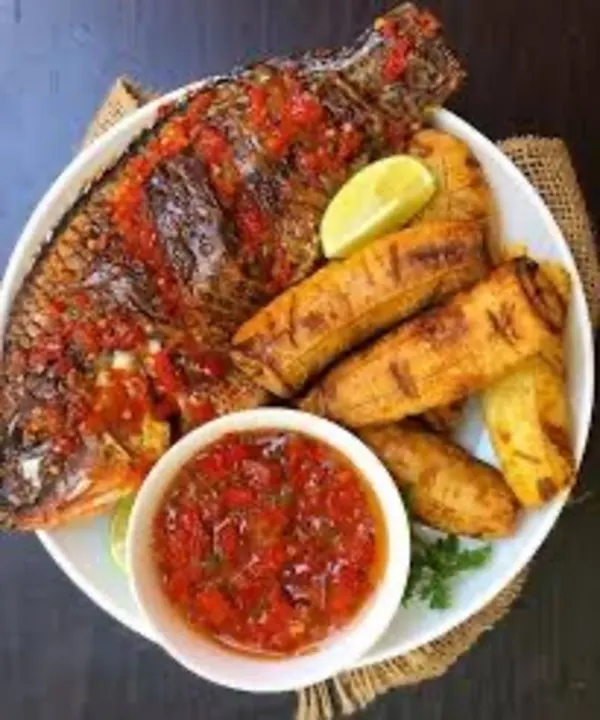 West African fusion fried fish with roasted plantain