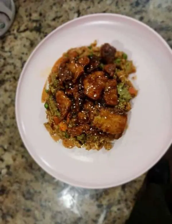 Chinese food,Veganized! Orange tofu with fried Rice