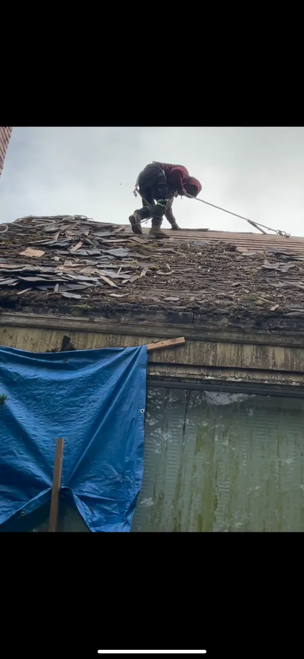 Started tearing down old roof which had 3 layers