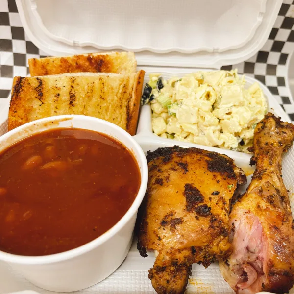 Smoked Chicken with Macaroni Salad and Baked Beans