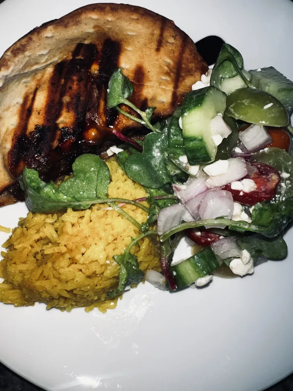Arayes with yellow rice and Mediterranean-micro salad