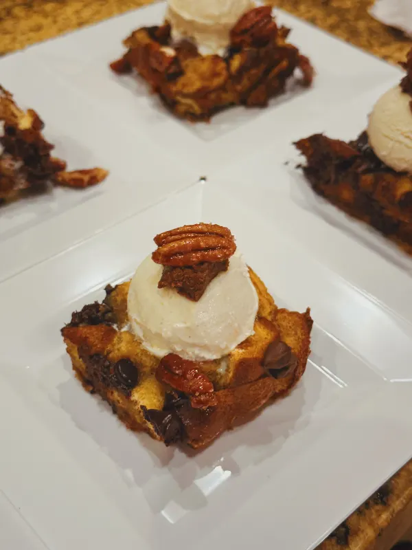 Choco chip bread pudding a la mode