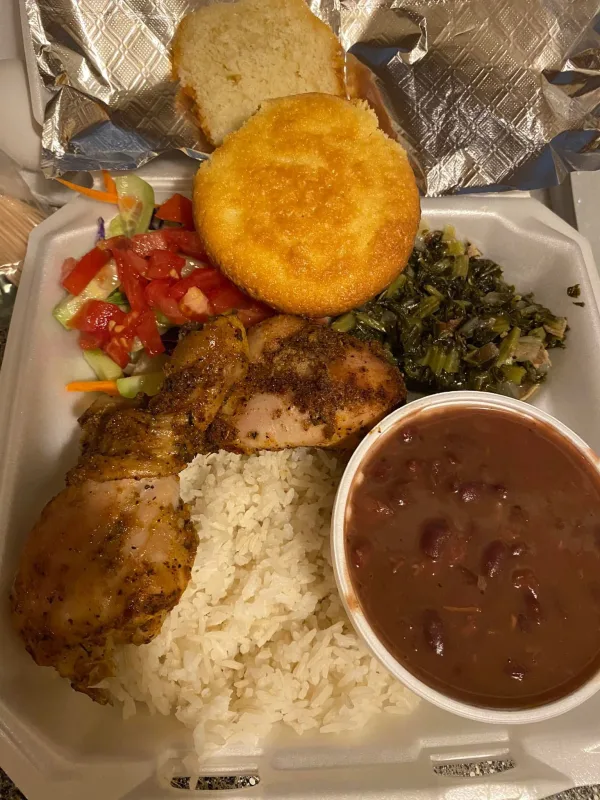 Red beans, mustard greens, baked chicken