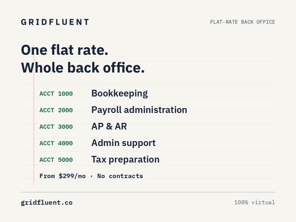One flat rate. Bookkeeping, payroll, AP & AR, admin.