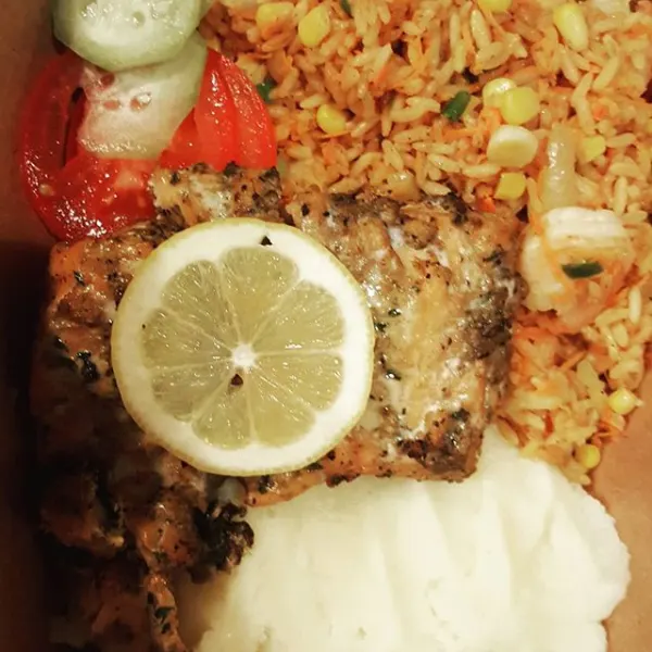Jerk Salmon Mash Potatoes with Fried Rice