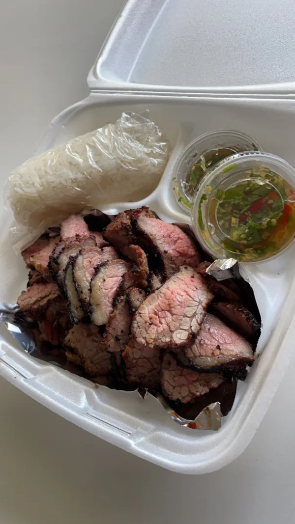 Grilled LBeef Brisket with Sticky Rice with Spicy Sauce