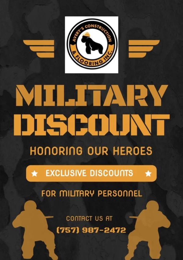 Military Appreciation Discount: 15%–25% On All qualifying purchases We value the dedication and sacrifice of our military community. For active duty, veterans, and military families, we’re offering a 15%–25% discount on select products/services. Show your military ID in-store or use code MILITARY online.  Thank you for your service. #militarydiscount #militaryappreciation #thankyouforyourservice  #activeduty #veterans #militaryfamily   #hamptonroads #HomeImprovement #averysconstruction #averysconstructionflooring
