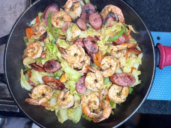 Fried cabbage shrimp and kielbasa 