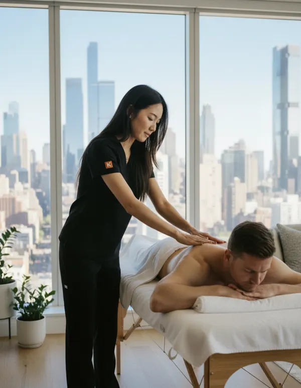 A therapist delivers a relaxing massage in a bright Manhattan apartment with skyline views, highlighting both luxury in-home spa NYC and mobile massage Manhattan services for clients seeking comfort and care at home.